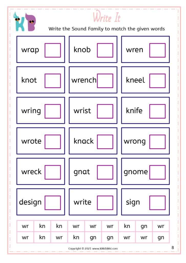 Phonics Worksheets: Alternative Spelling wr, kn, gn
