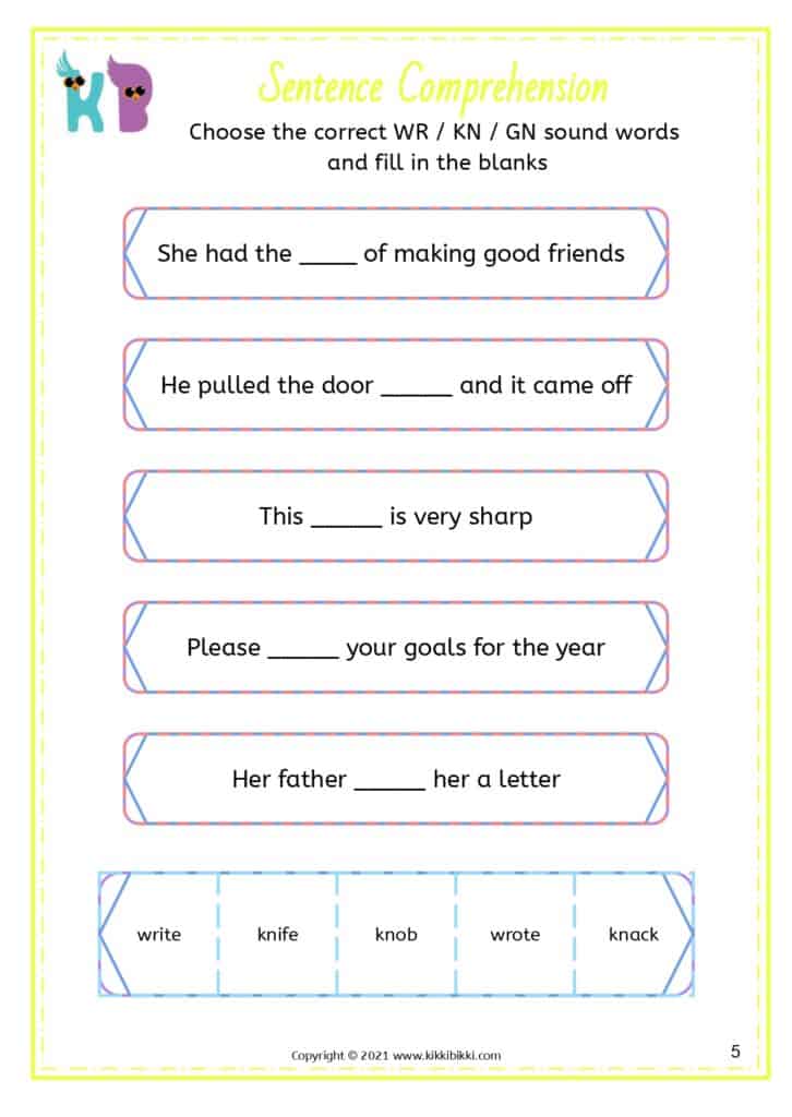 Kindergarten Spelling: wr kn gn Words