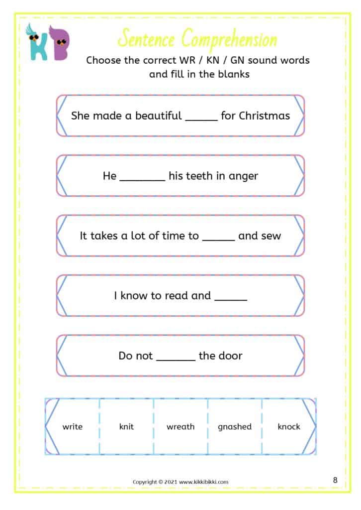 Word Families: wr kn gn Words Worksheet