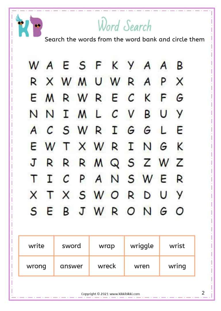 Word Families: wr kn gn Words Worksheet