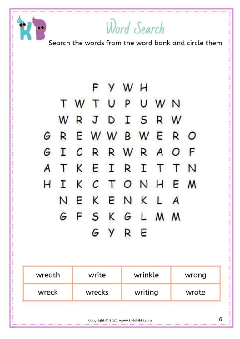 Word Activities: wr kn gn Words