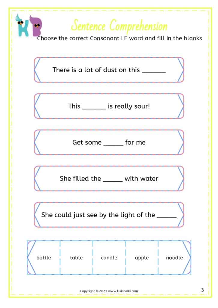 Spelling Words with le Worksheet