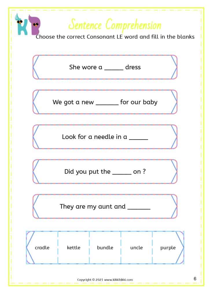 Consonant le Words Activity Sheet