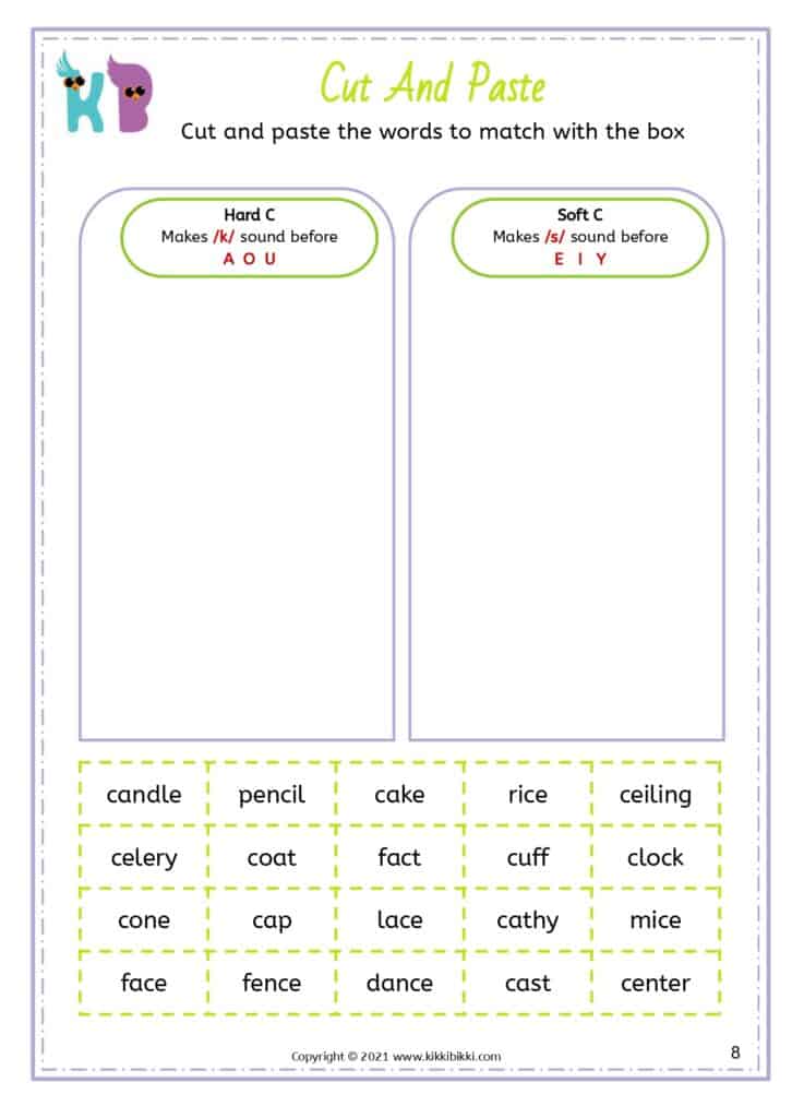 Soft C Words Worksheet for Kindergarten