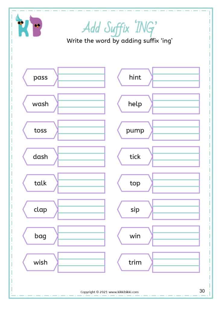 Suffix -ing Words Learning Worksheet