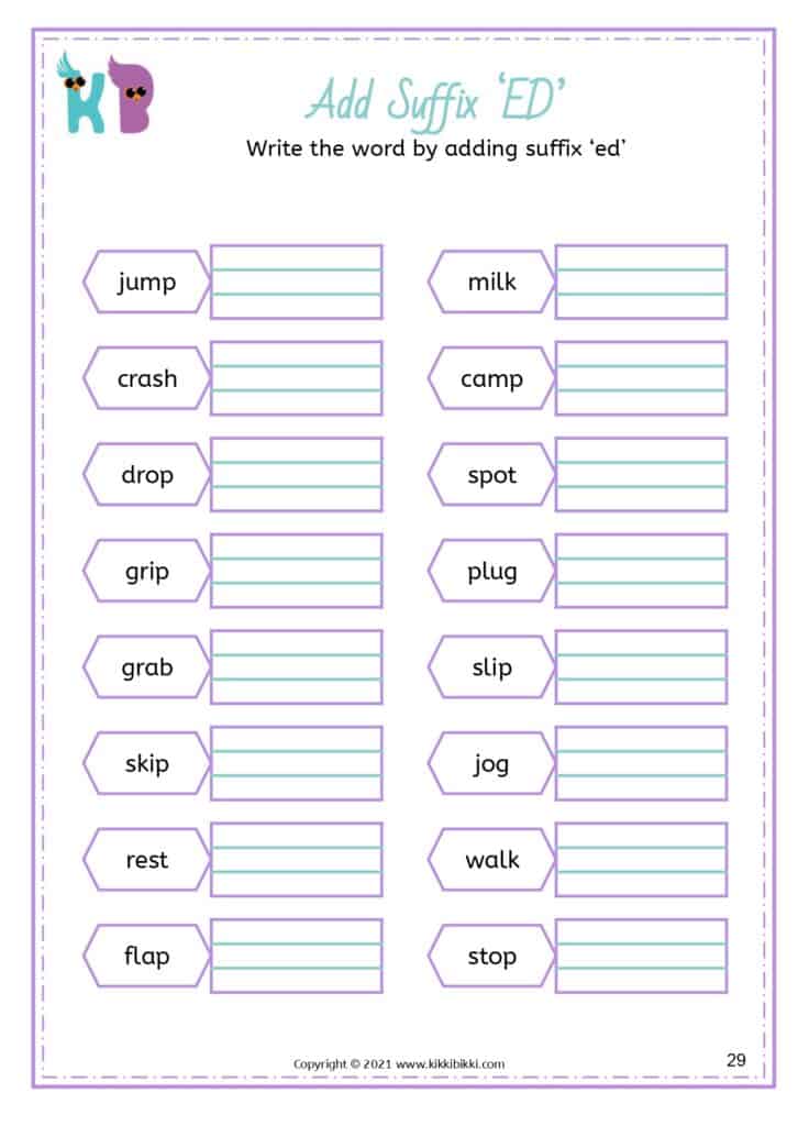 Suffix -ed Words Learning Worksheet