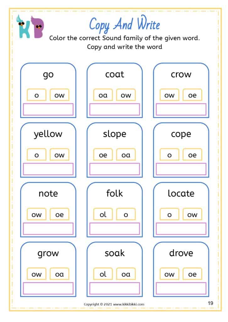 Language Arts Worksheet: Alternative Sounds OA OW OE OL Words