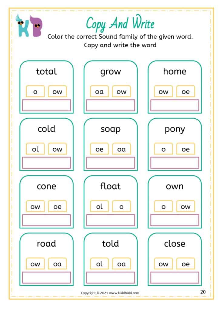Kindergarten Spelling: Alternative Sounds OA OW OE OL Words