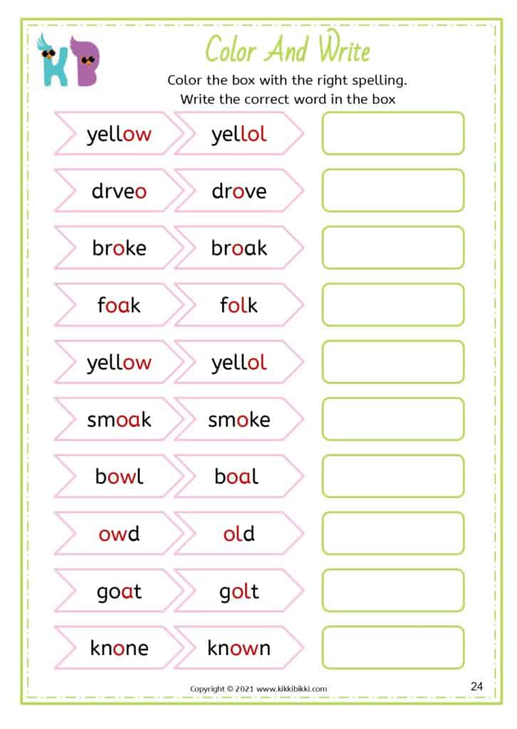 Reading Activities: Alternative Sounds OA OW OE OL Words