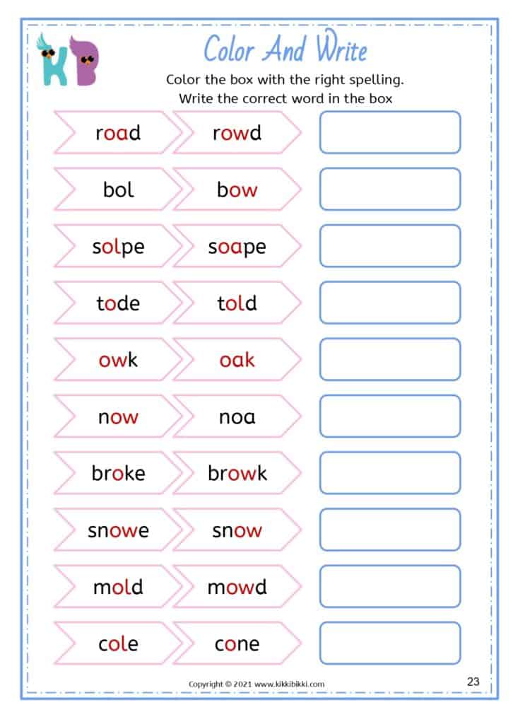 OA OW OE OL Words: Phonics Worksheet