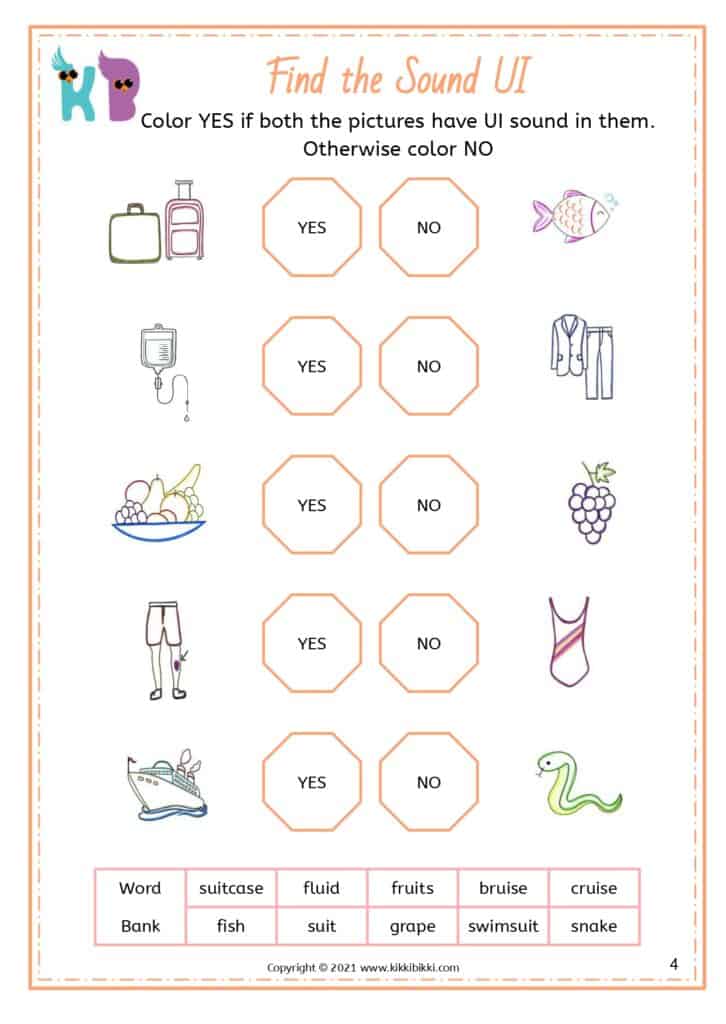 Phonics Worksheet with ui Sound Words