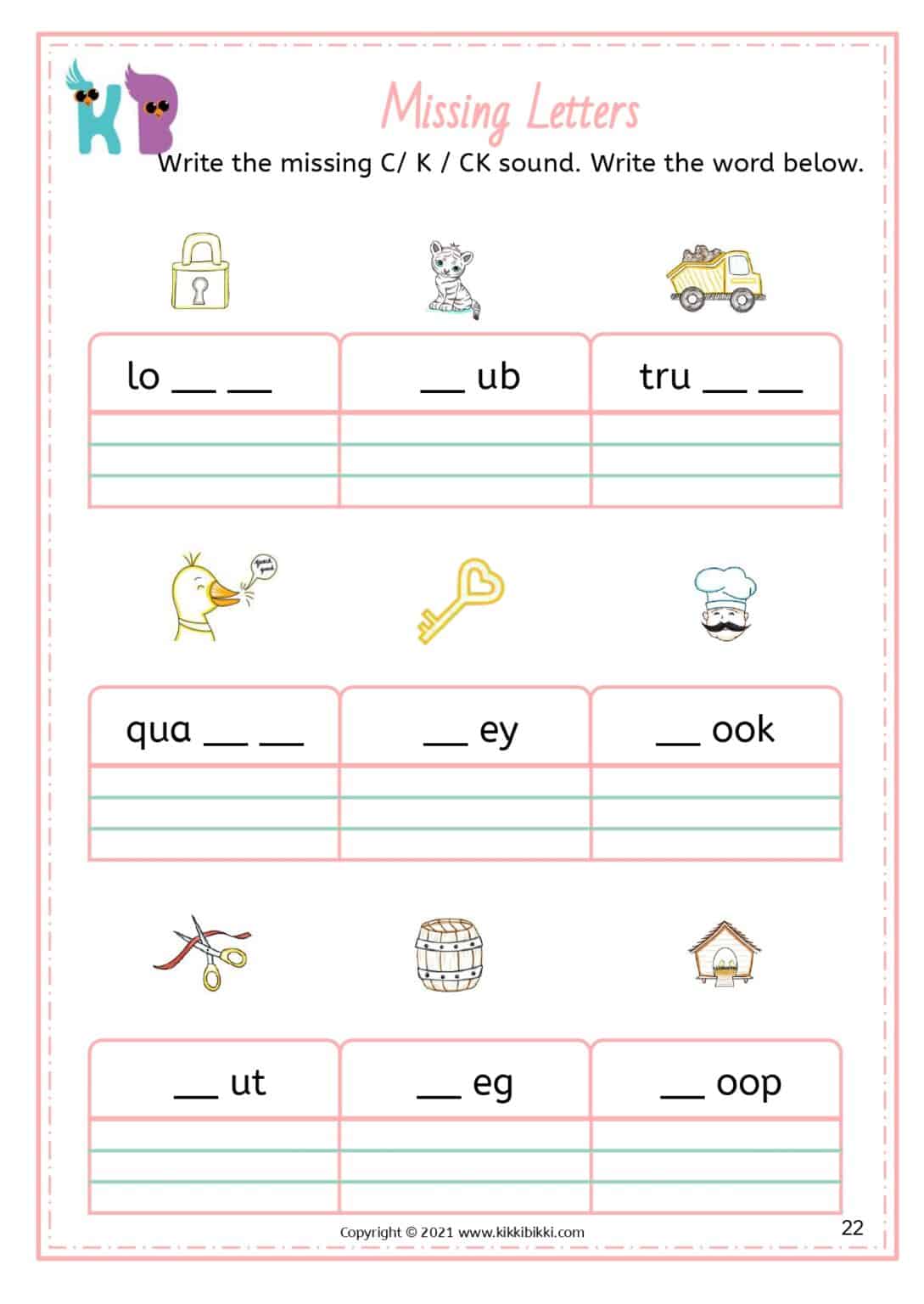 Learn To Spell C, K, Ck Words - Kikkibikki - Kindergarten Worksheets