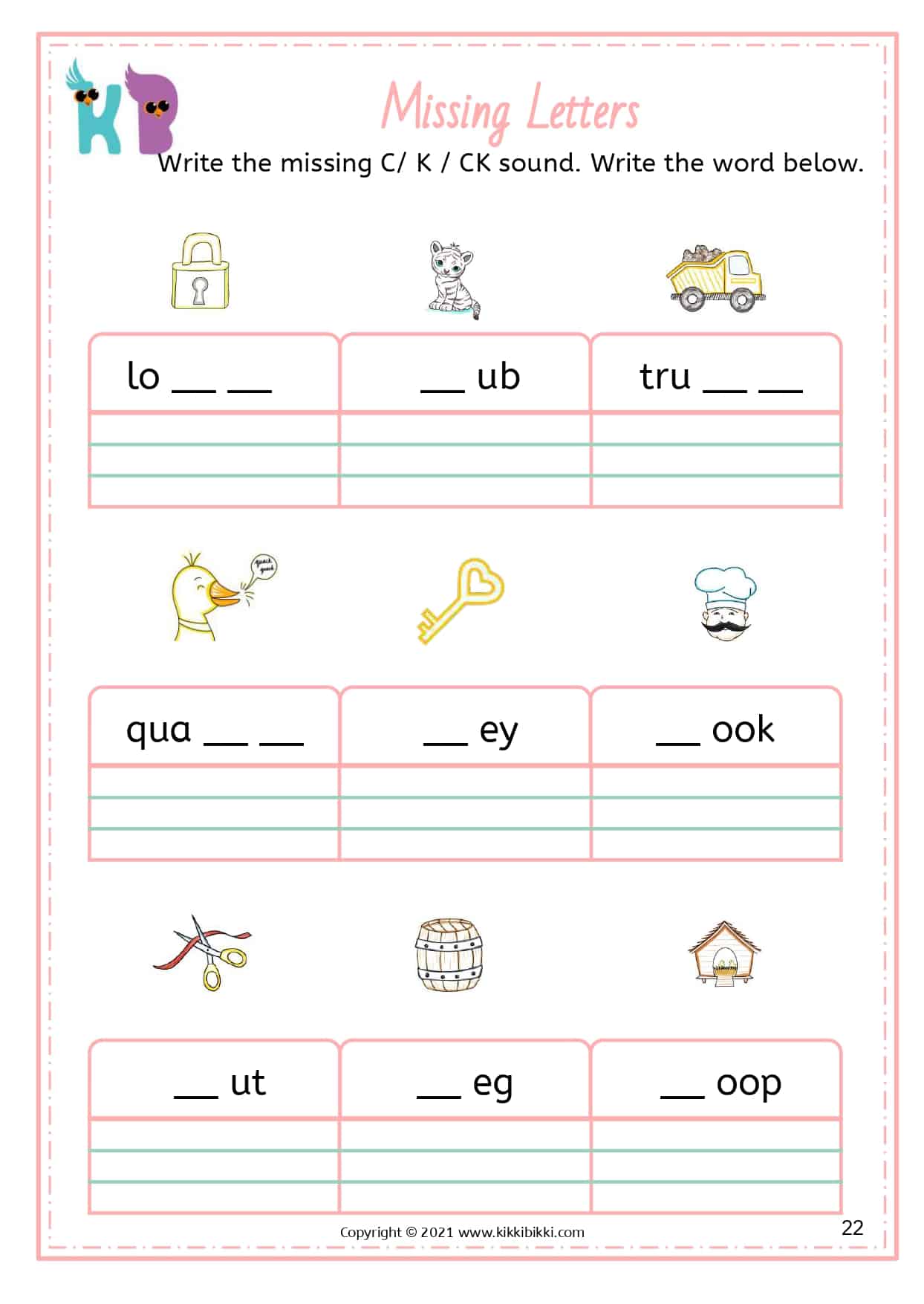 Learn to Spell c, k, ck Words - KikkiBikki - Kindergarten Worksheets