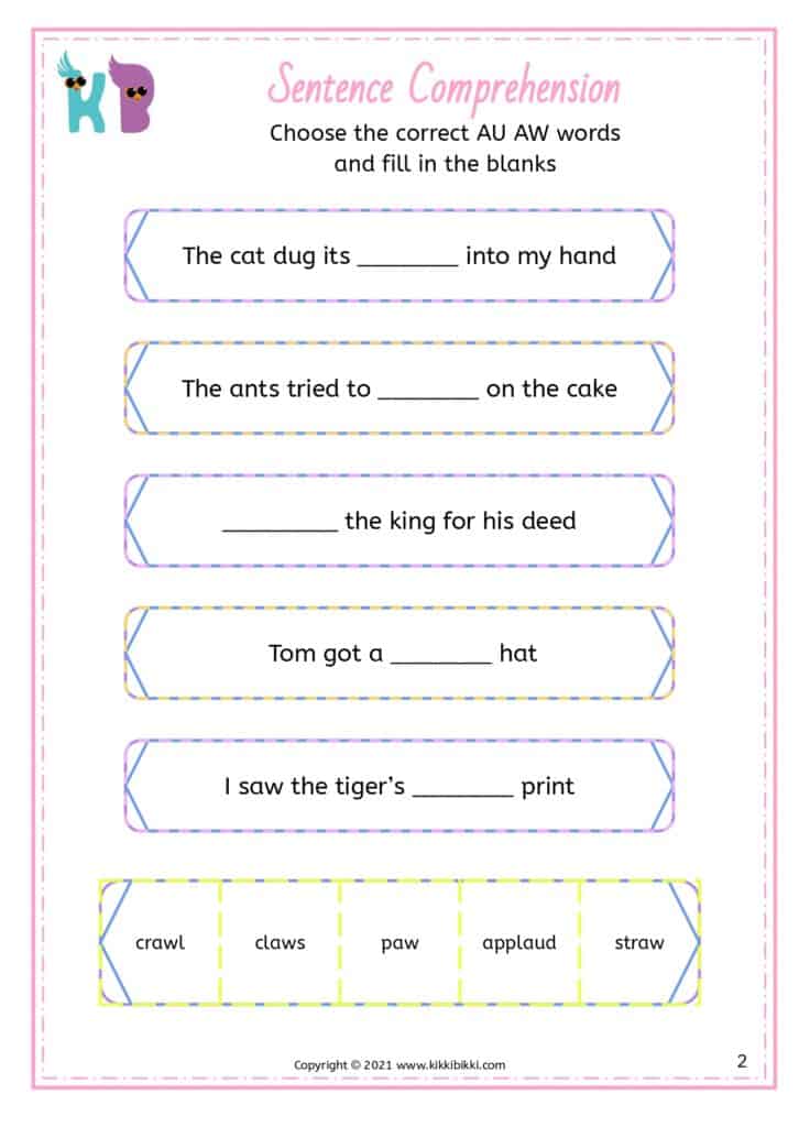 Sentence Comprehension Worksheets for AU and AW Words