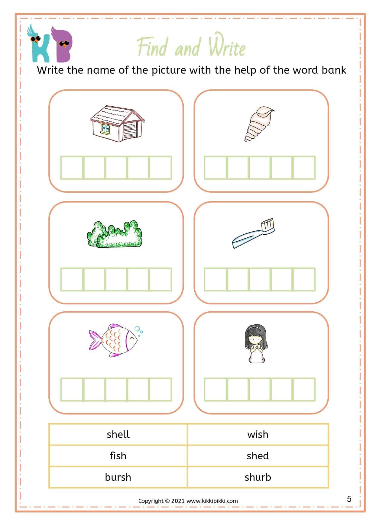 Consonant Digraph SH Sound Find and Write Worksheets for Kids