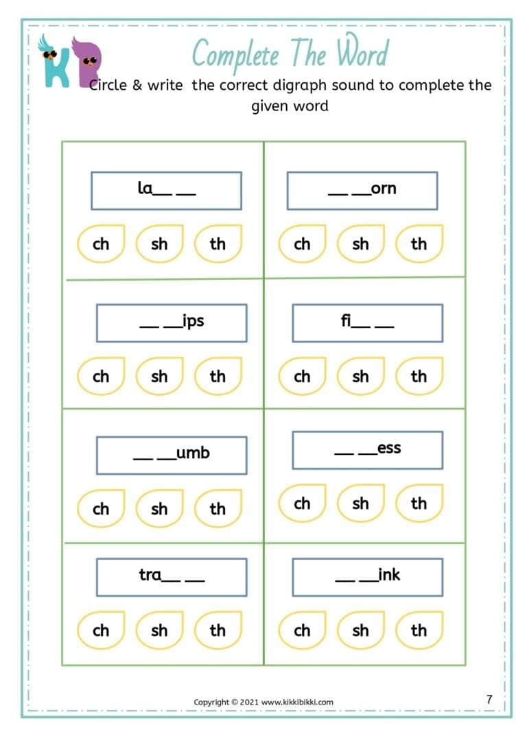 Complete Digraph Complete the Word Worksheets for Consonant Digraphs