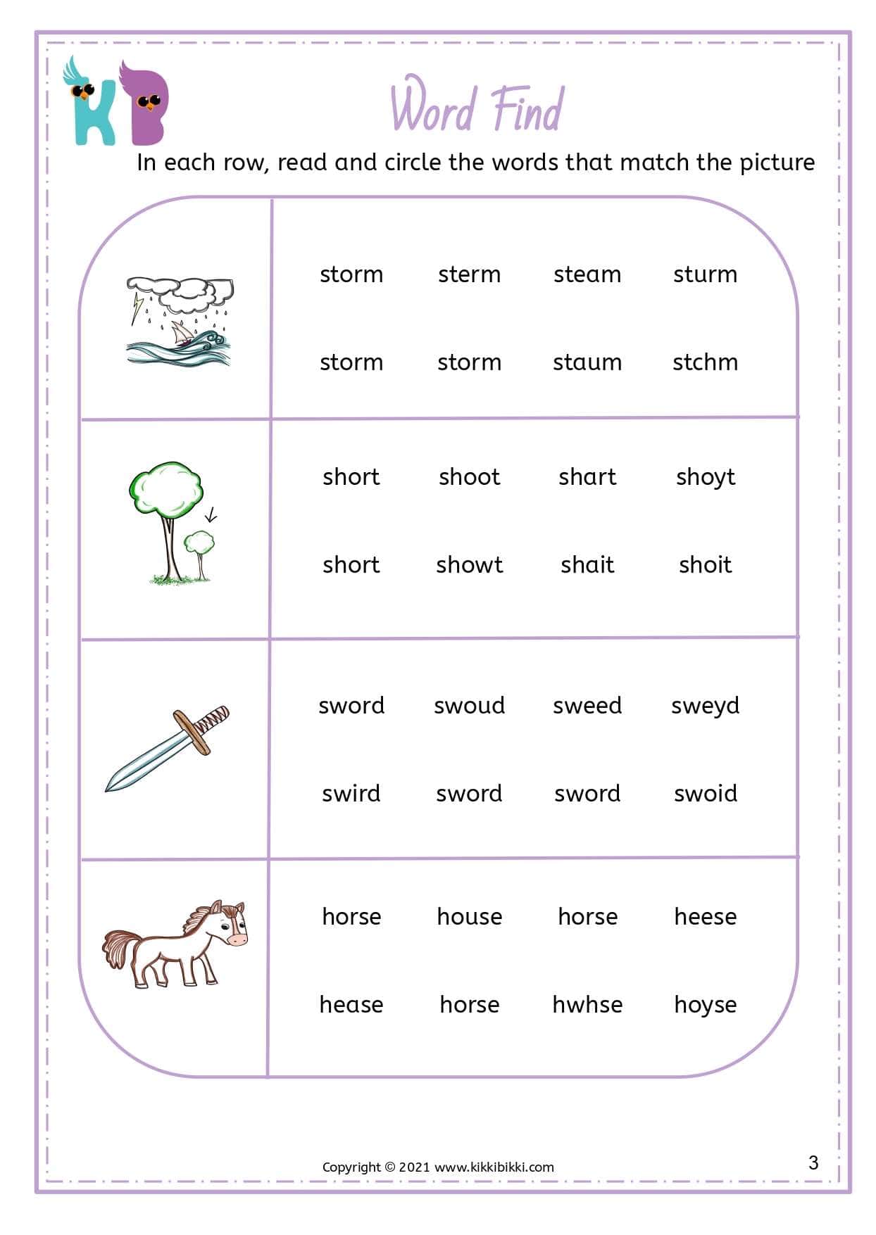 Read and Find Worksheets for Kindergarten