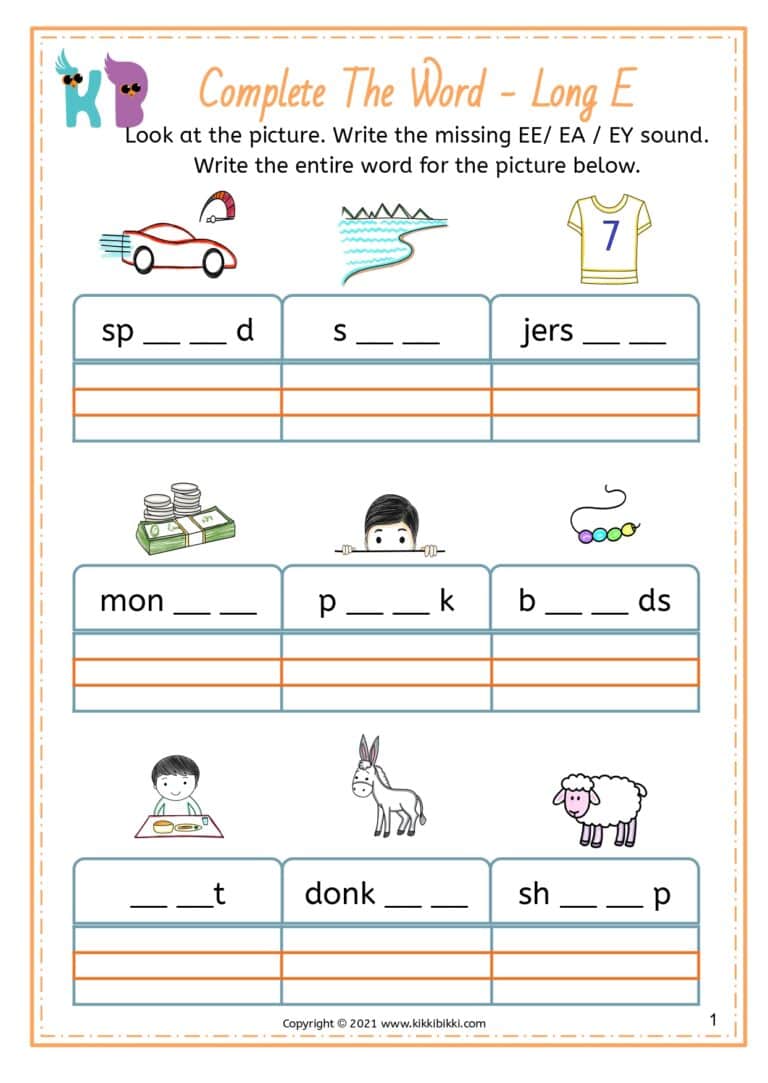 Consolidation of EE, EA, EY Sound Families - Complete the Word