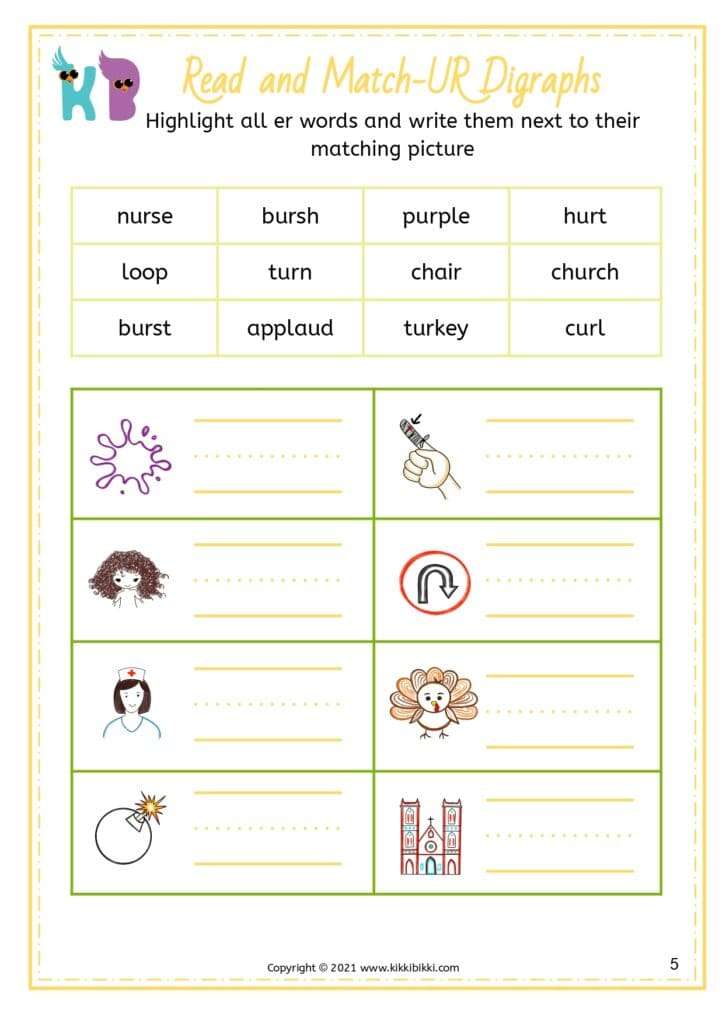 Introduction to 'UR' Sound - Read and Match Worksheets