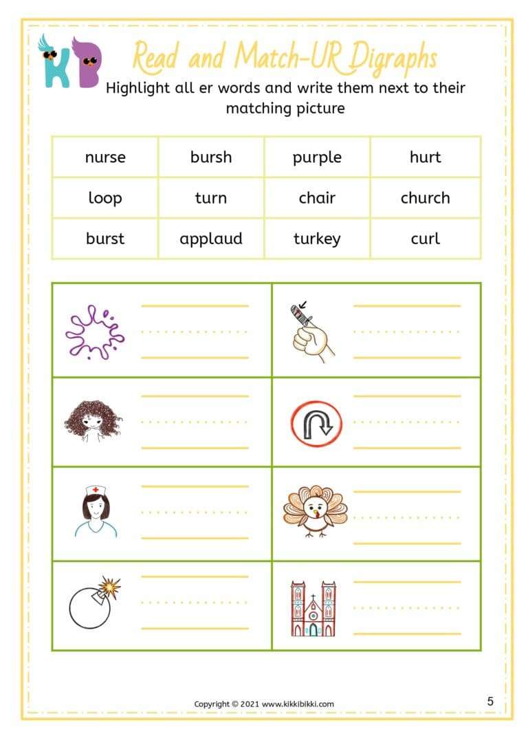 Introduction to 'UR' Sound - Read and Match Worksheets
