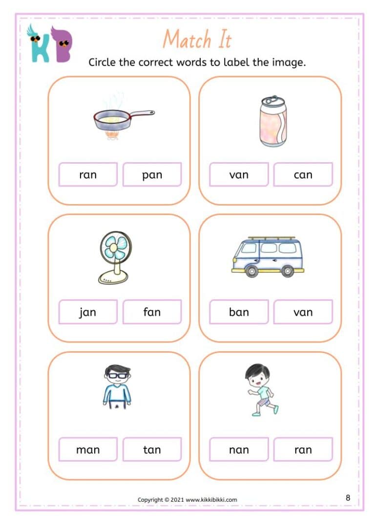 CVC AN Word Family: Match It Worksheets for Kindergarten