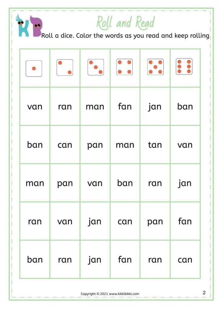 CVC AN Word Family: Fun Roll and Read Worksheets