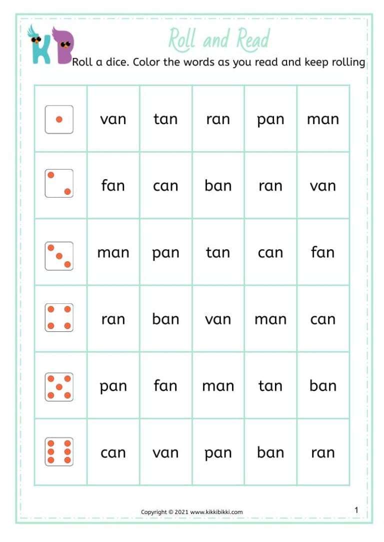 CVC AN Word Family: Fun Roll and Read Worksheets