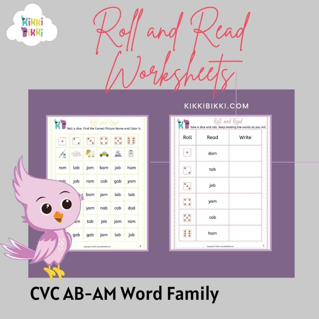 CVC AB-AM Word Family Roll and Read Worksheets for Kindergarten