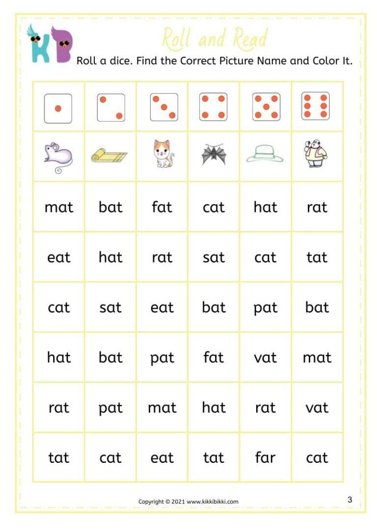 CVC AT Word Family - Roll and Read Worksheets for Kindergarten
