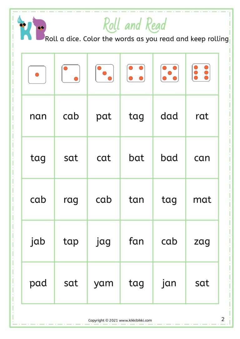CVC A Sound Family: Roll and Read Worksheets for Kindergarten