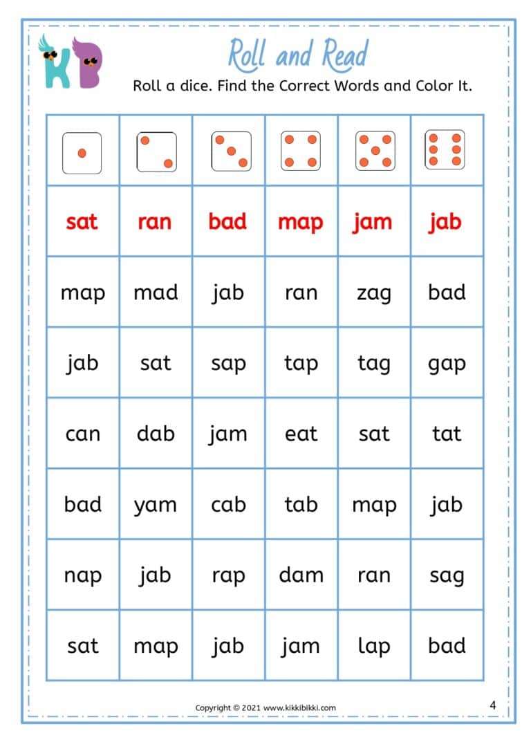 CVC A Sound Family: Roll and Read Worksheets for Kindergarten