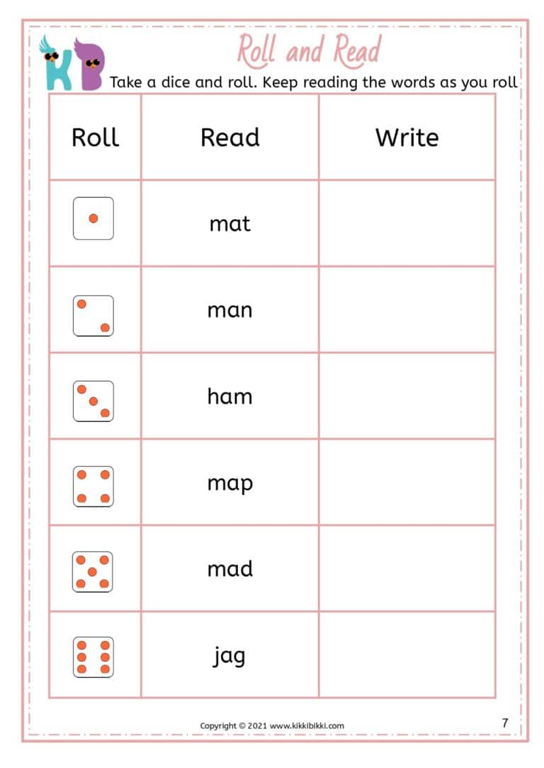CVC A Sound Family: Roll and Read Worksheets for Kindergarten