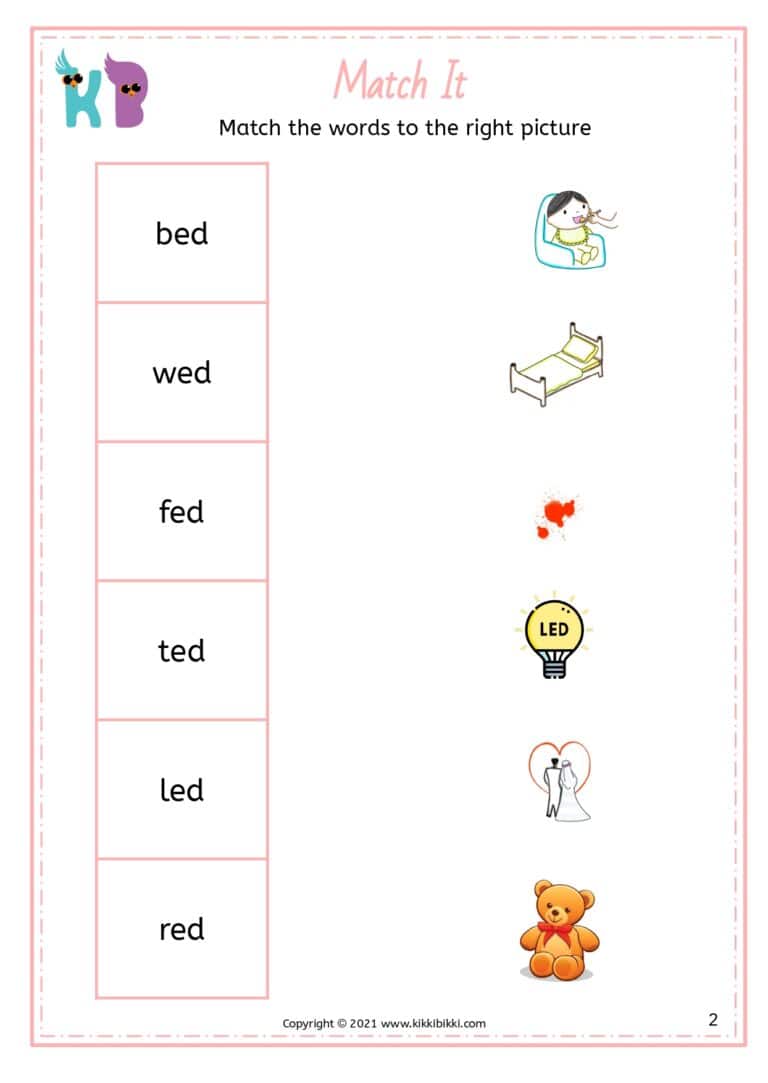 CVC ED Word Family - Match It Worksheets for Kindergarten