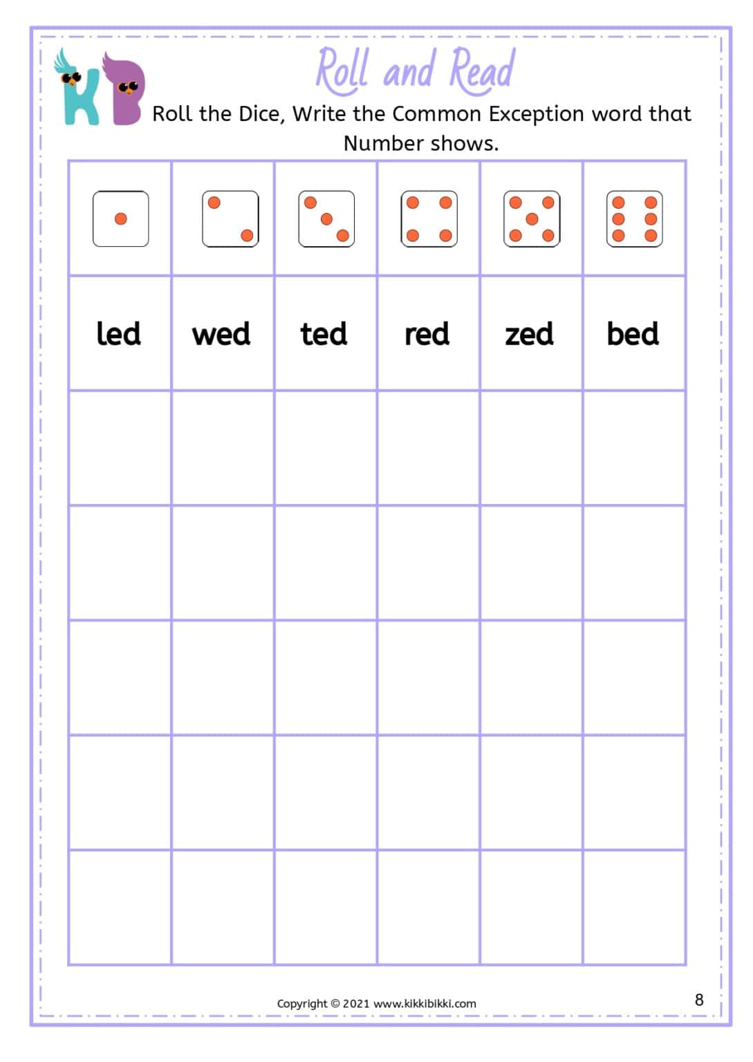 CVC ED Word Family - Roll and Read Worksheets for Kindergarten