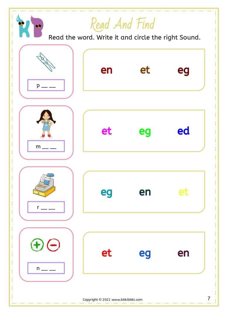 CVC EG Word Family - Read and Find Worksheets