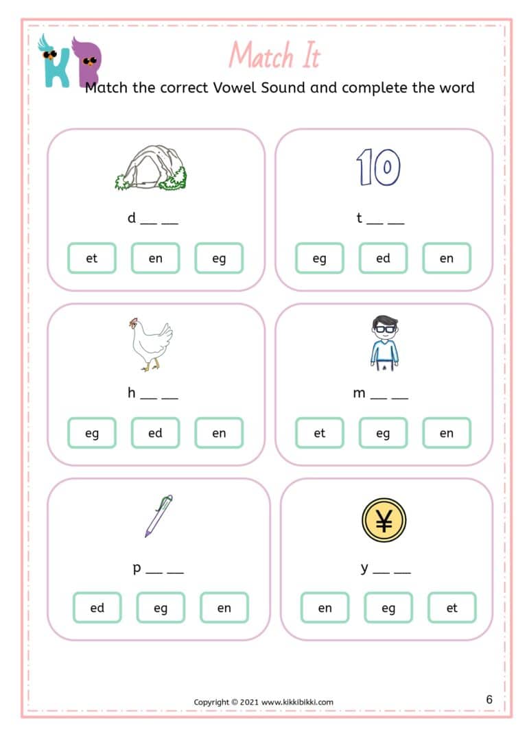 CVC Short E -en Family Words Story Worksheets