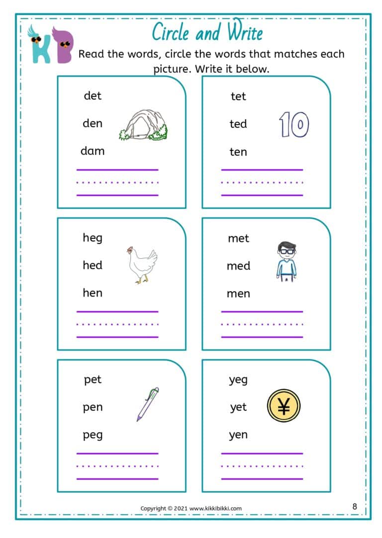 Phonics Fun: CVC EN Word Family - Read and Find Worksheets