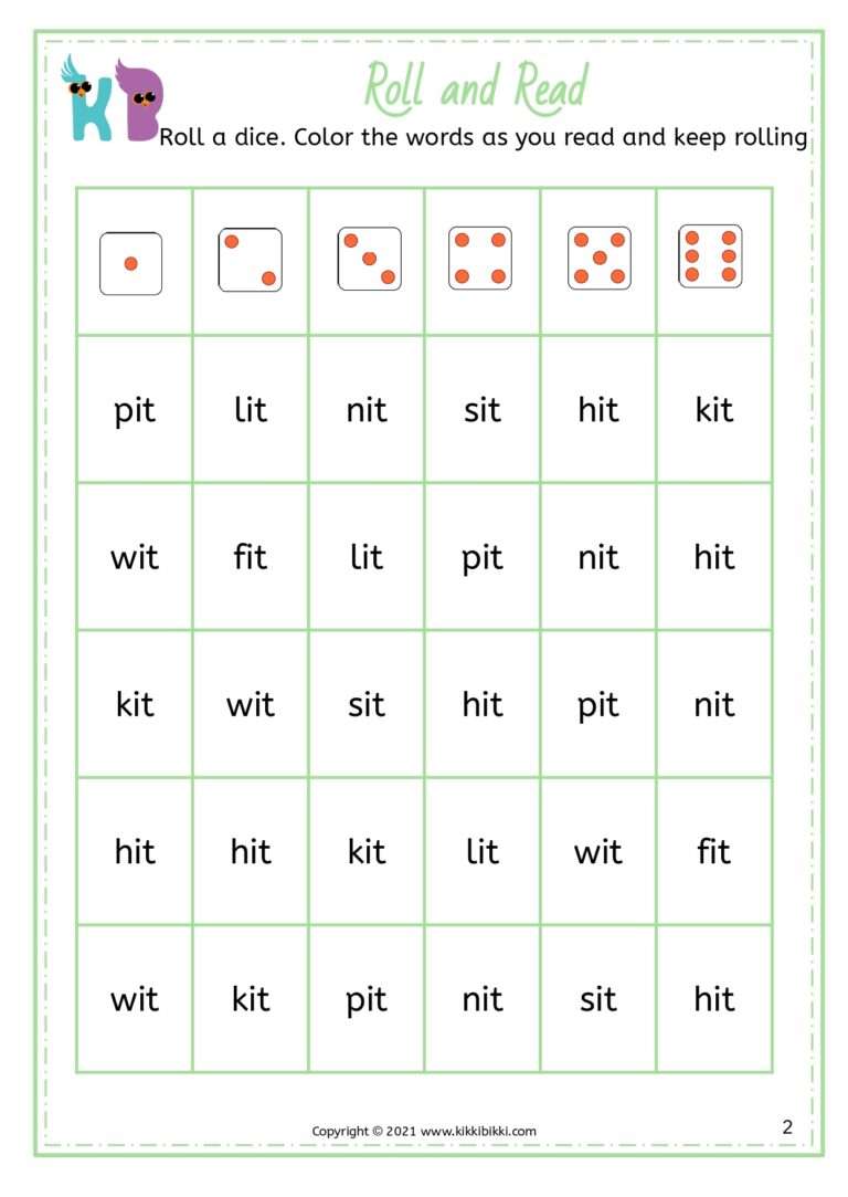 CVC IT Word Family - Roll and Read Worksheets for Kindergarten