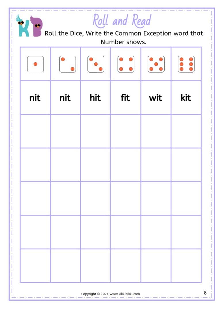 CVC IT Word Family - Roll and Read Worksheets for Kindergarten