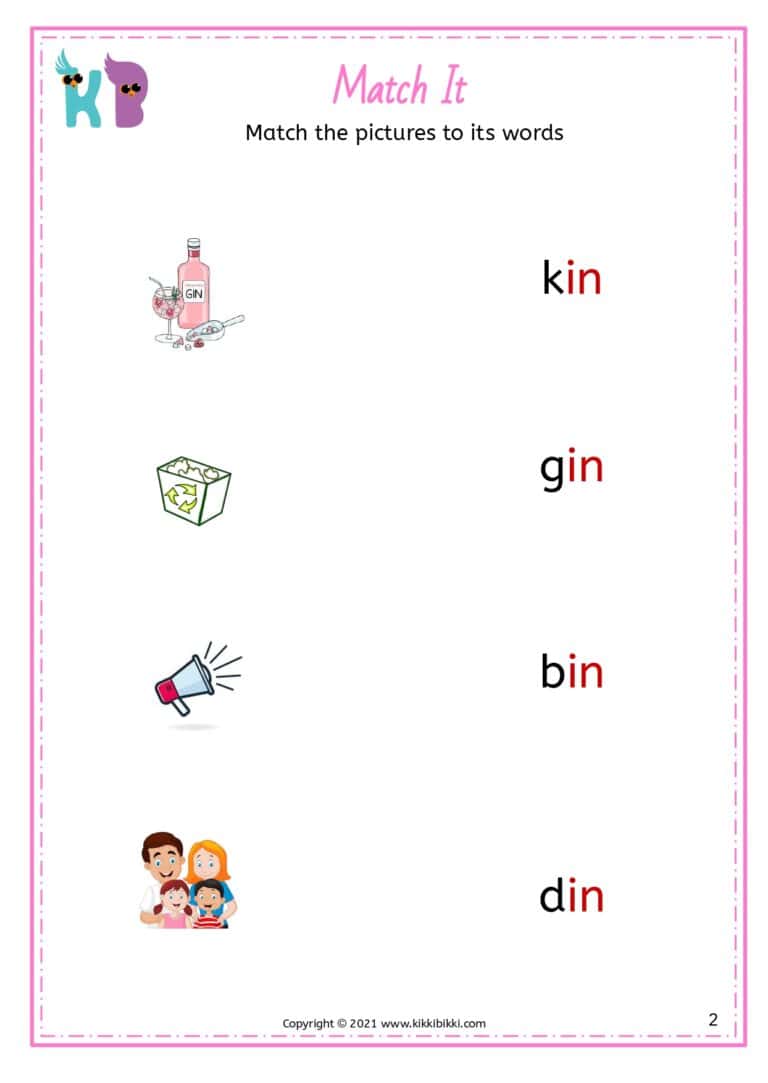 Matching Fun: CVC IN Word Family Worksheets for Kindergarten
