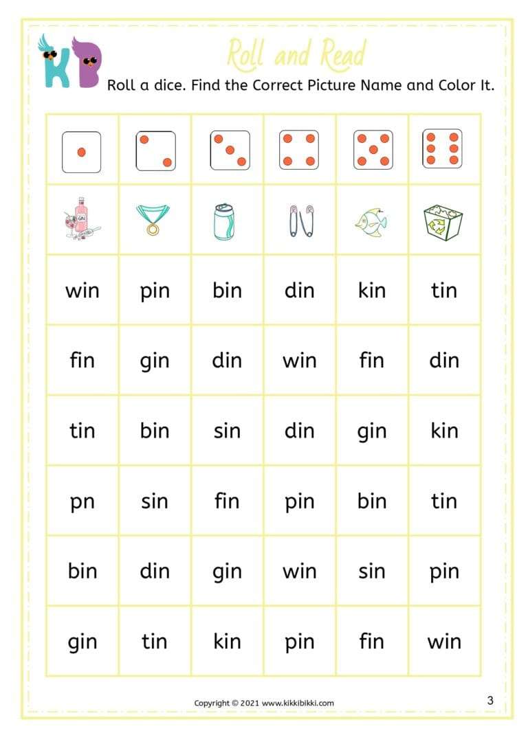 CVC IN Word Family - Roll and Read Worksheets for Kindergarten