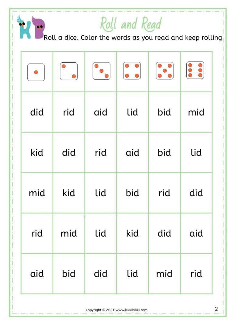 Phonics Fun: CVC ID Word Family Roll and Read Worksheet