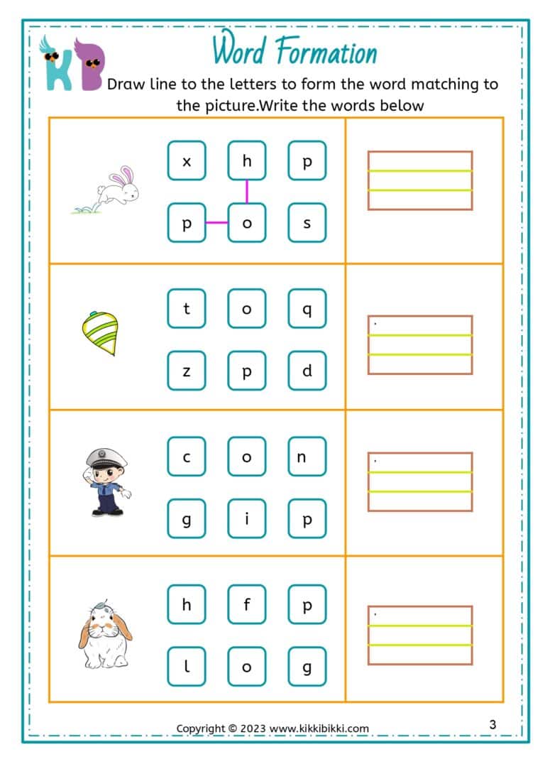 CVC OP Word Family and Word Formation Worksheet