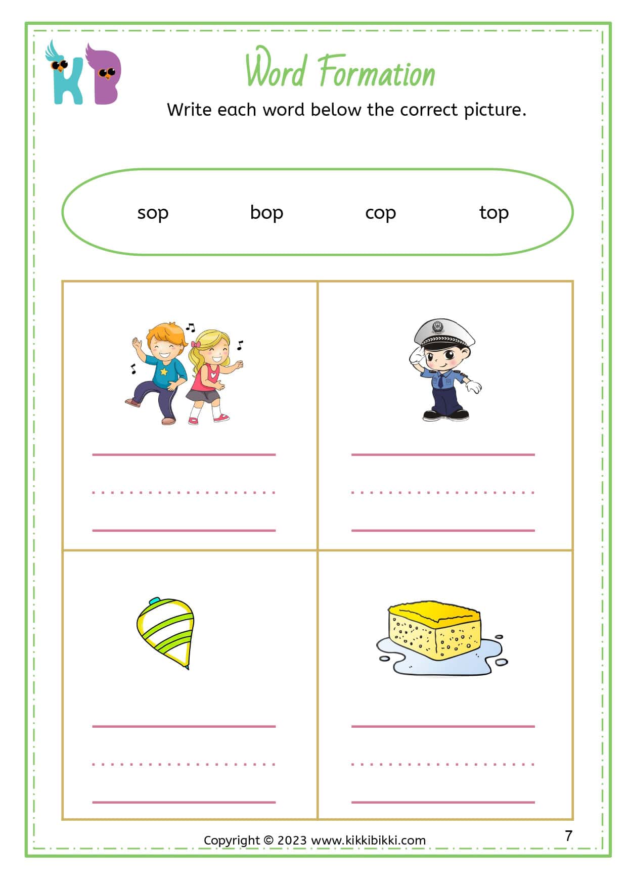 CVC OP Word Family and Word Formation Worksheet