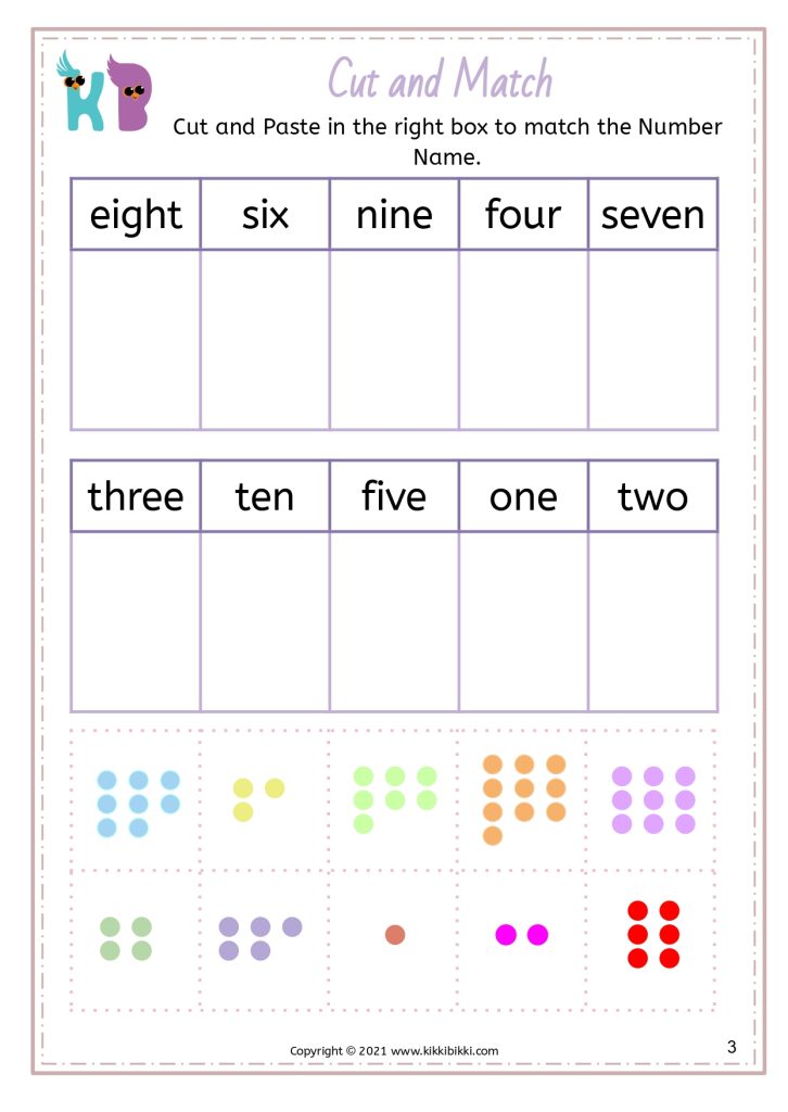Number Names and Cut and Match Worksheets for Kindergarten