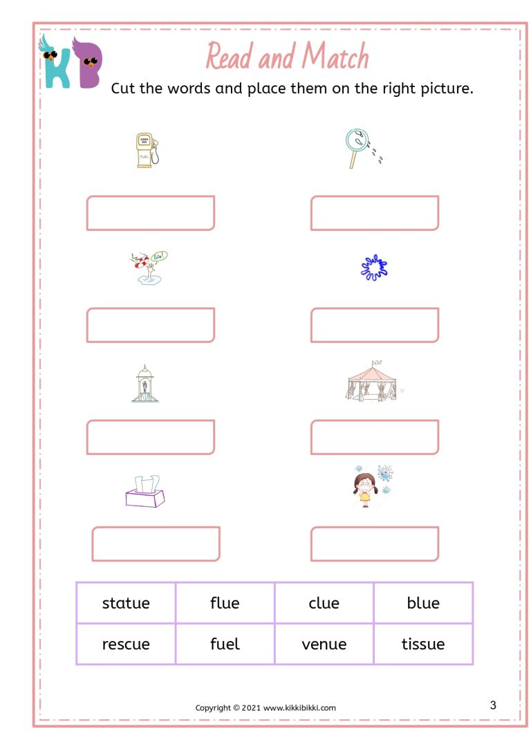 'UE' Sound: Read and Match Worksheets for Early Learners