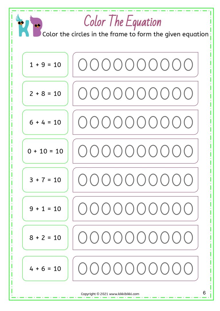 Color the Equation Worksheets for Balance Equations
