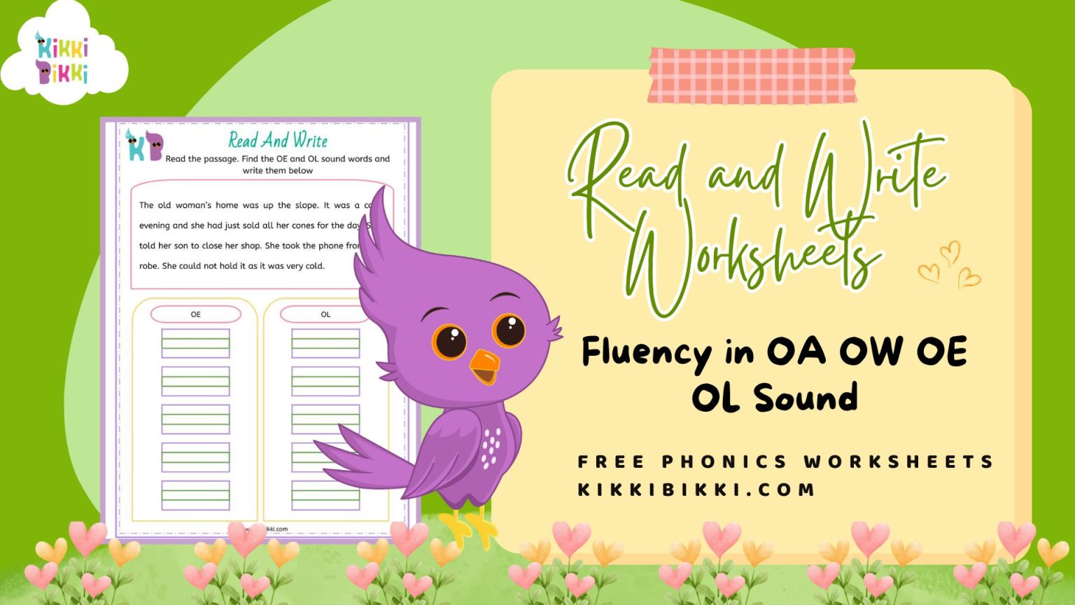 OA, OW, OE, OL Sounds: Phonics Read and Write Worksheets