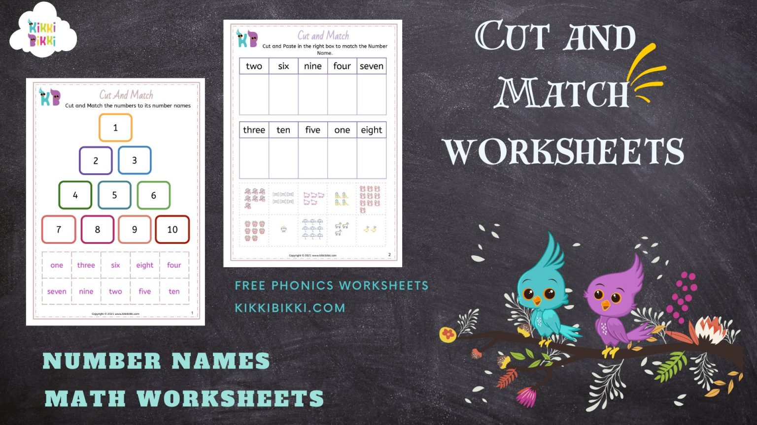 Number Names and Cut and Match Worksheets for Kindergarten"